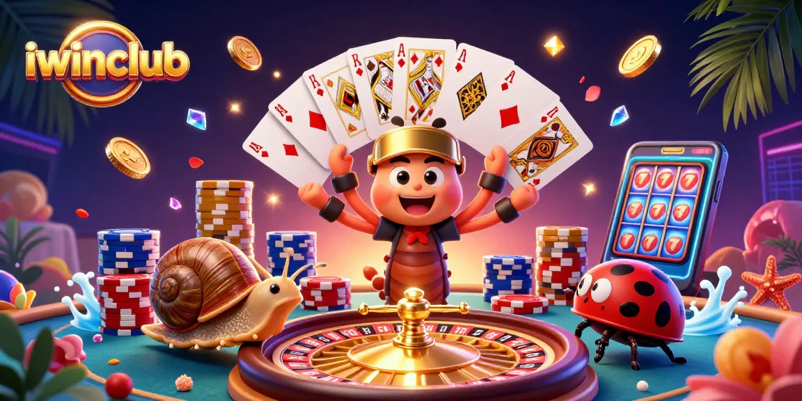 Engage with iwinclub's thrilling gaming environment featuring vibrant casino elements and animated characters.
