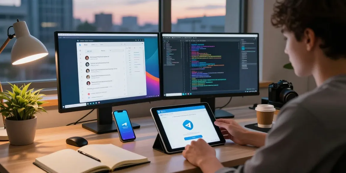 Using telegram中文版 on a tablet in a modern workspace, showcasing a cozy tech environment.