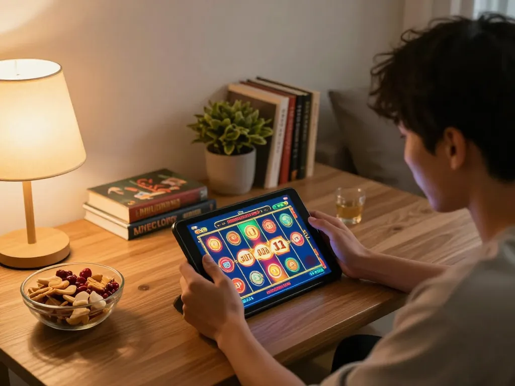 Engaged player enjoying judi slot game on a tablet in a cozy home setting, illustrating mobile gambling experience