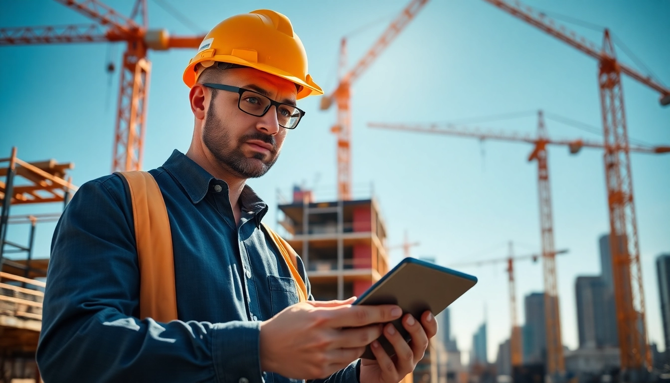 Manhattan Construction Manager supervising a construction site with cranes and scaffolding.