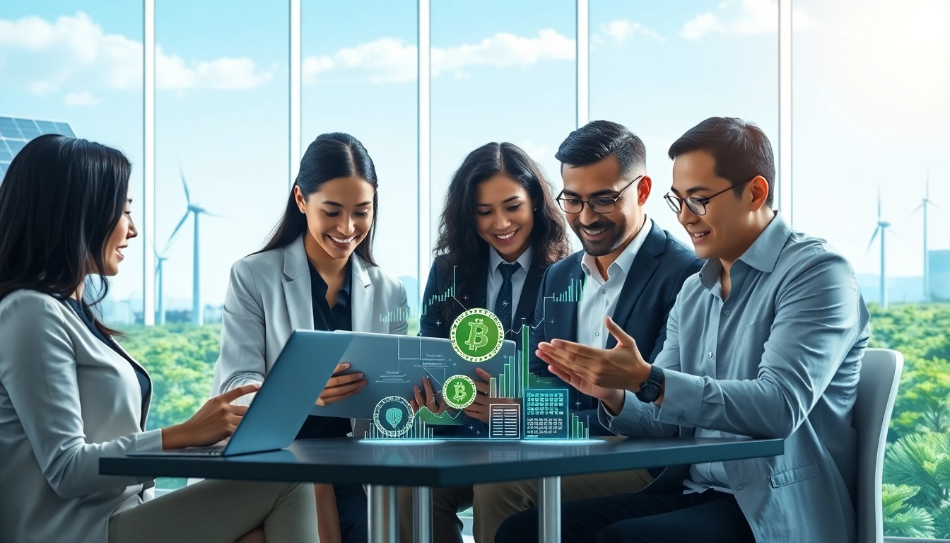 Engaging professionals analyzing cryptocurrency trends using a cloud mining app in a modern, sustainable workspace.