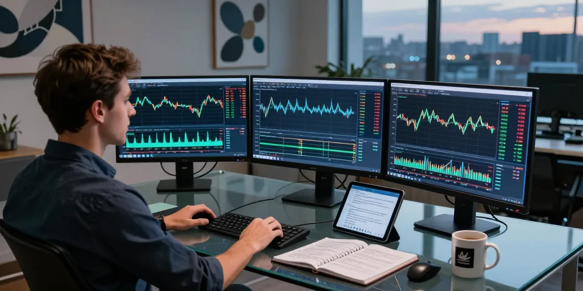 Trader analyzing MT4 charts in a modern forex trading workspace with multiple monitors, showcasing financial data.