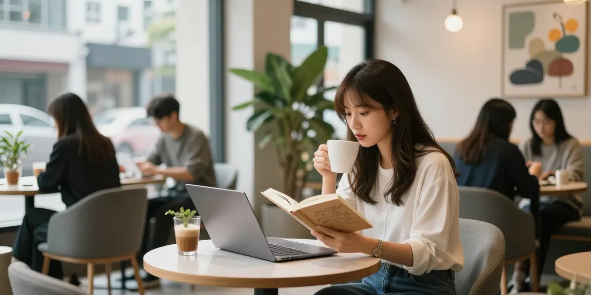 달토 카페에서 커피를 즐기며 책을 읽는 여성의 모습