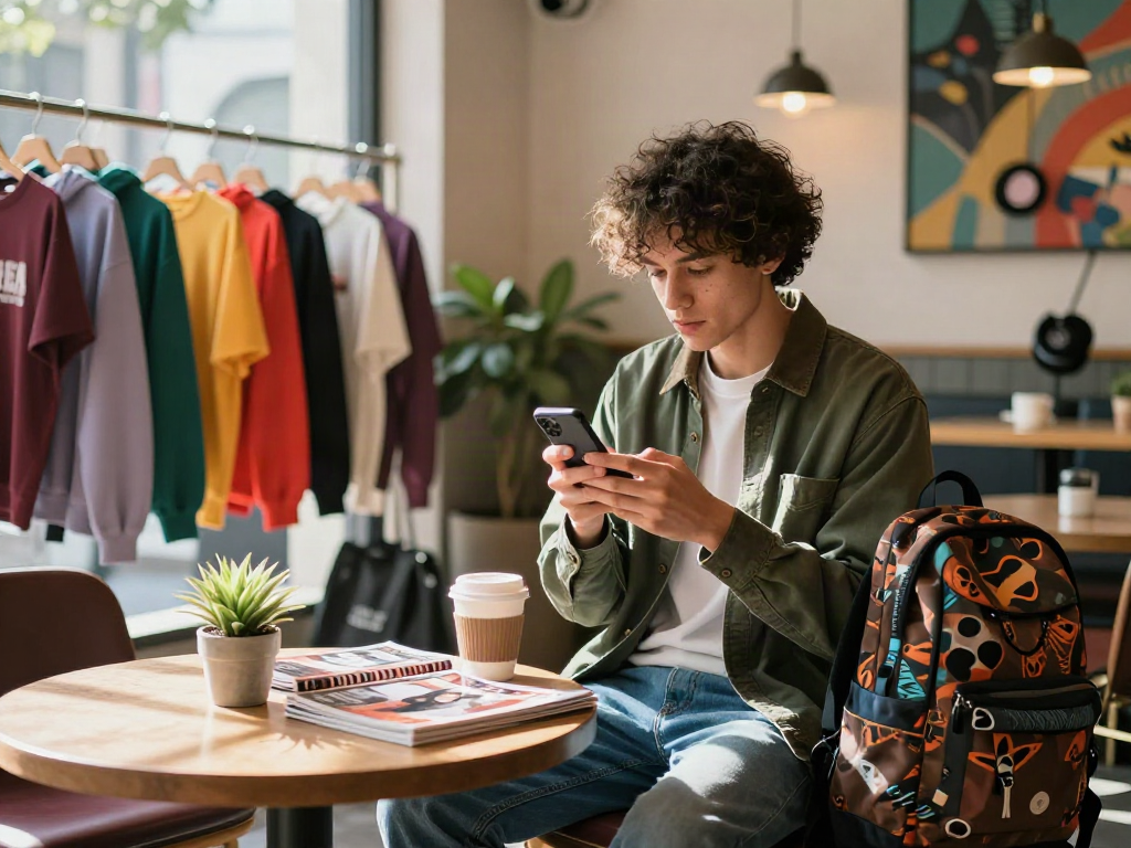 Individual exploring situs bro138 fashion trends in a trendy café setting.