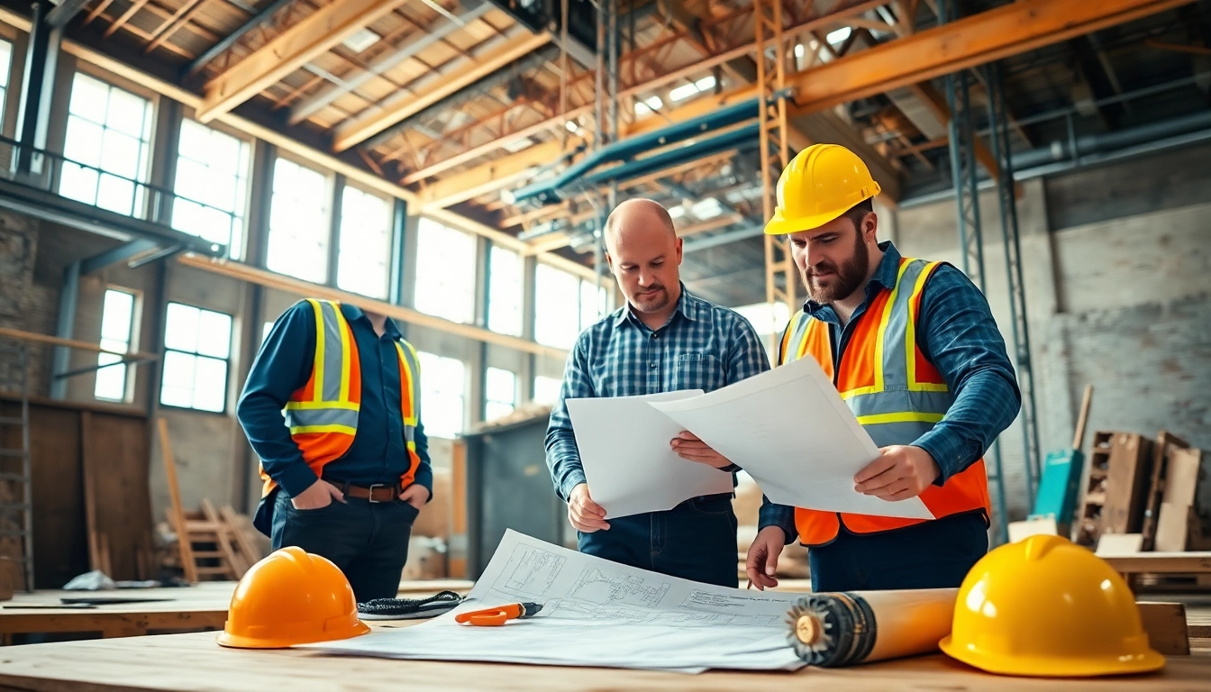 Manhattan Commercial General Contractor overseeing a construction project with blueprints and tools.