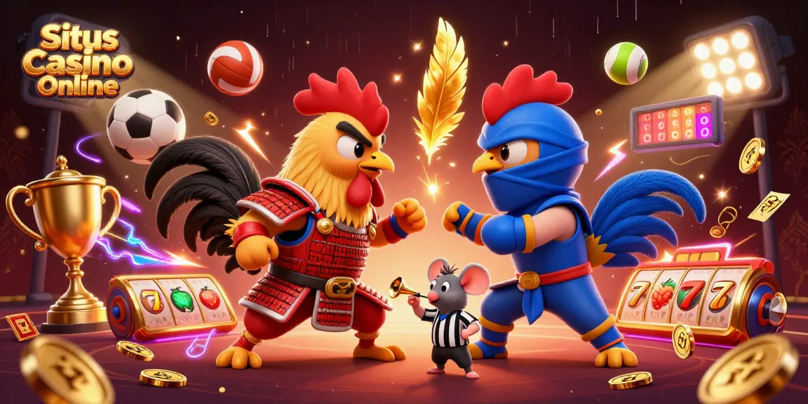 Situs Casino Online features an epic standoff between cartoon roosters and dynamic casino elements, capturing the thrill of gaming.