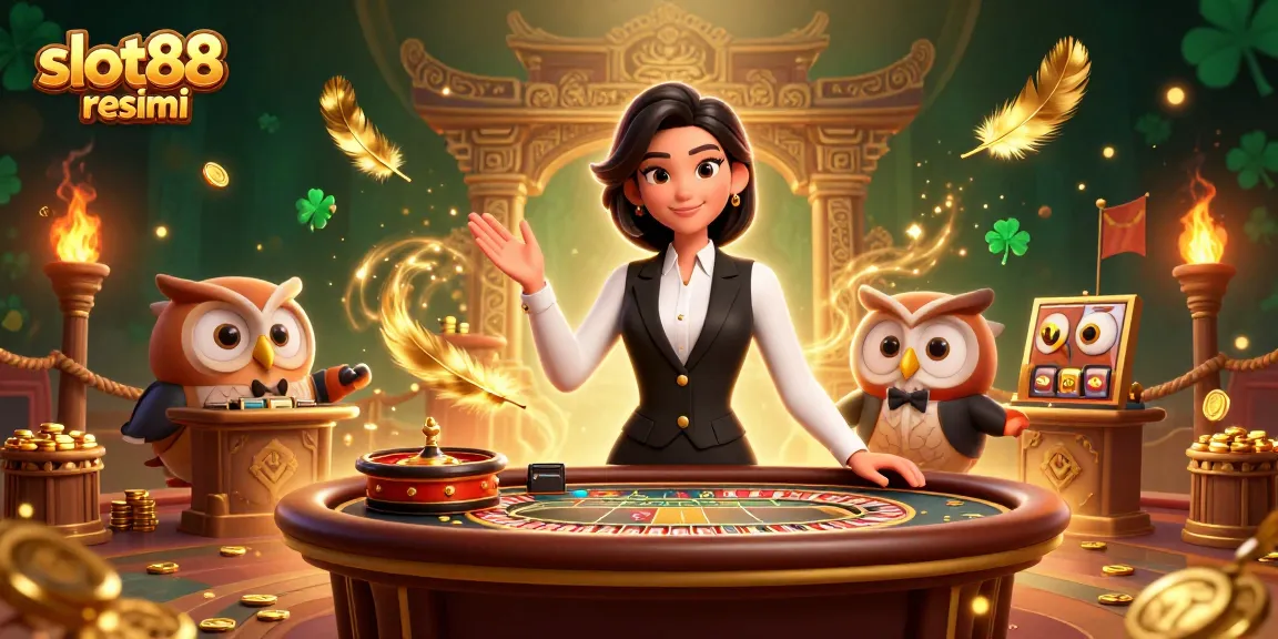 Mainkan permainan menarik di slot88 resmi dengan ilustrasi cerah dari dealer terampil dan elemen kasino.