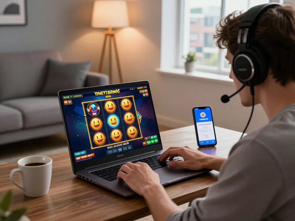Pemain dengan antusias terlibat dengan permainan slot LAOBAN188 dalam pengaturan permainan yang penuh warna.