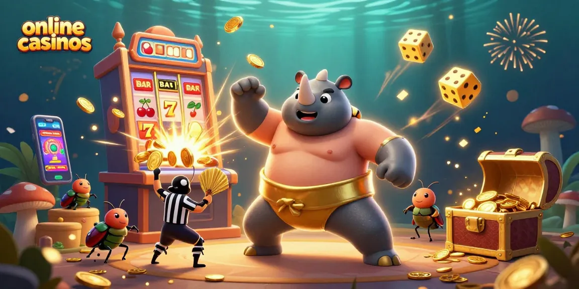 Join the excitement of online casinos with a vibrant scene featuring dynamic characters and flying coins.