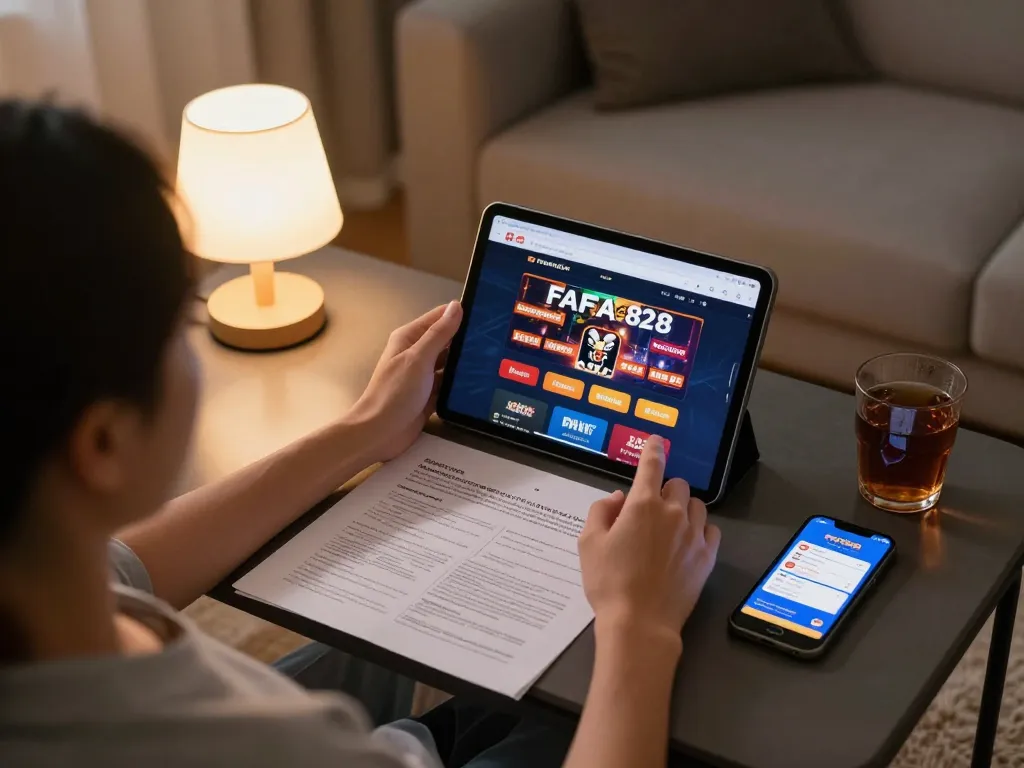 Person enjoying FAFA828 casino games on a tablet in a cozy home atmosphere