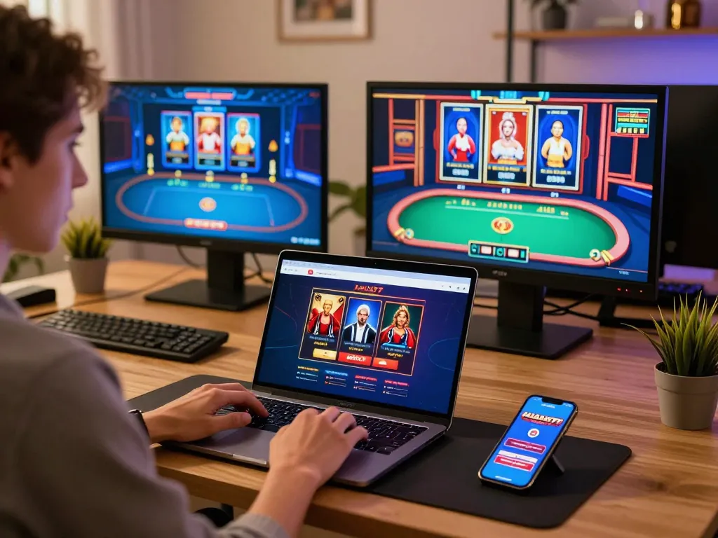 Engaging online gambling scene showcasing a player accessing the alexis77 platform on multiple devices.