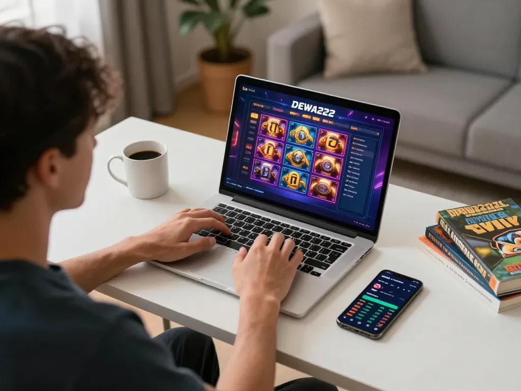 Play and win on DEWA222 with exciting online slots displayed on a laptop
