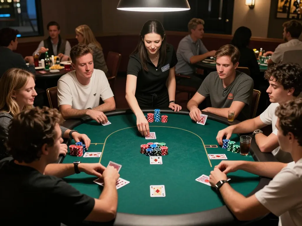 Players engaged in a thrilling poker game at 99win, showcasing vibrant chips and cards.