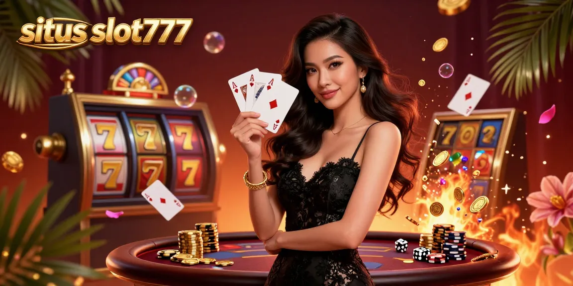 Shoot for wins at situs slot777, illustrated by a stunning Asian woman holding ace cards in a luxurious casino setting.