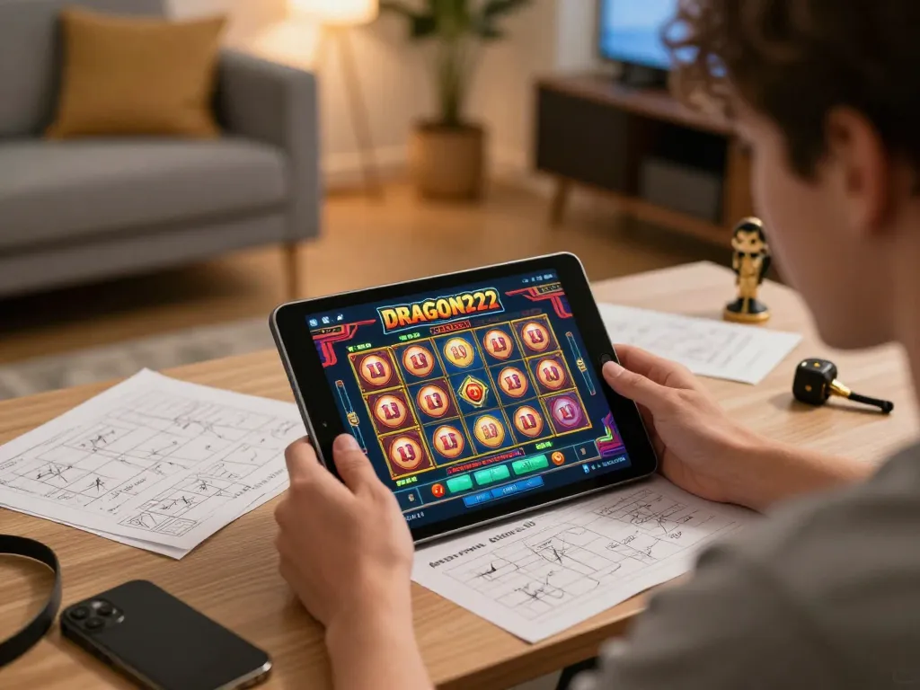 Pemain terlibat dalam permainan slot DRAGON222 di tablet, menunjukkan pengaturan perjudian online yang menarik.