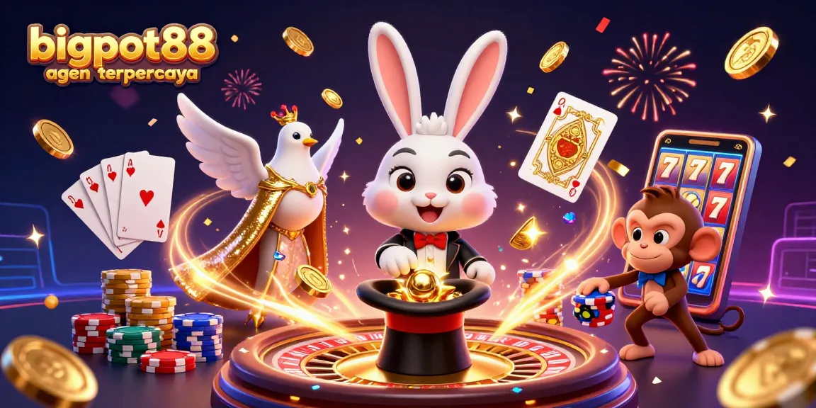 Experience the excitement of bigpot88 agen terpercaya with a thrilling casino scene featuring a magician, dove, and monkey!