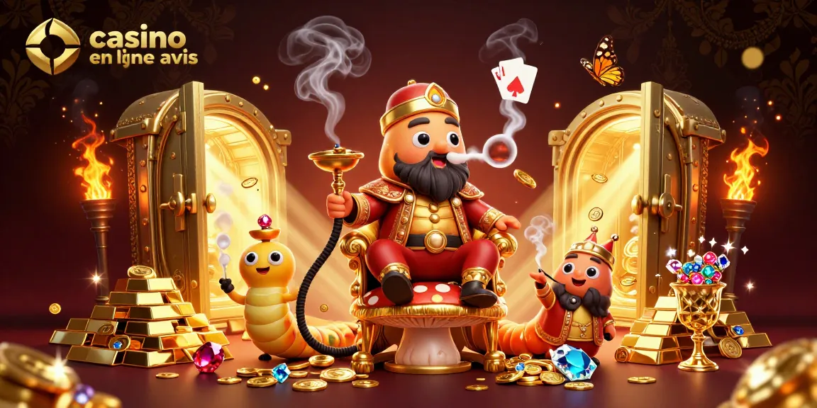 Illustration spectaculaire représentant un avis de casino en ligne, avec des éléments de jeu et des personnages fantastiques.