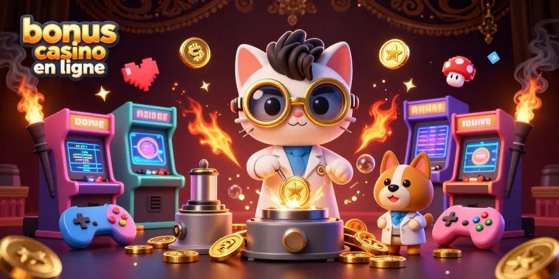 Une illustration 3D animée montrant "bonus casino en ligne" avec un chat scientifique fou et son chien assistant entourés de machines de jeux colorées.