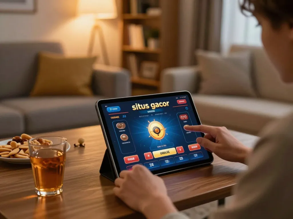 Engaging with situs gacor on tablet, showcasing dynamic online casino experience in a cozy home setting.