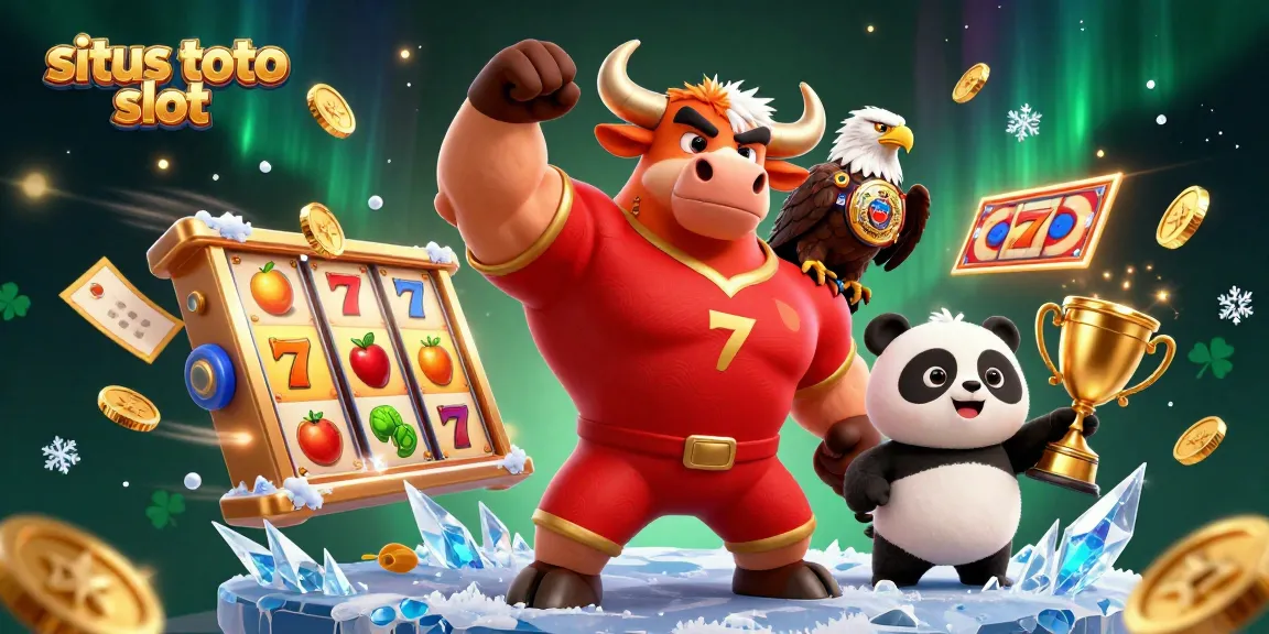 Engage with situs toto slot featuring a vibrant 3D cartoon bull, eagle, and panda amidst spinning reels and golden coins.