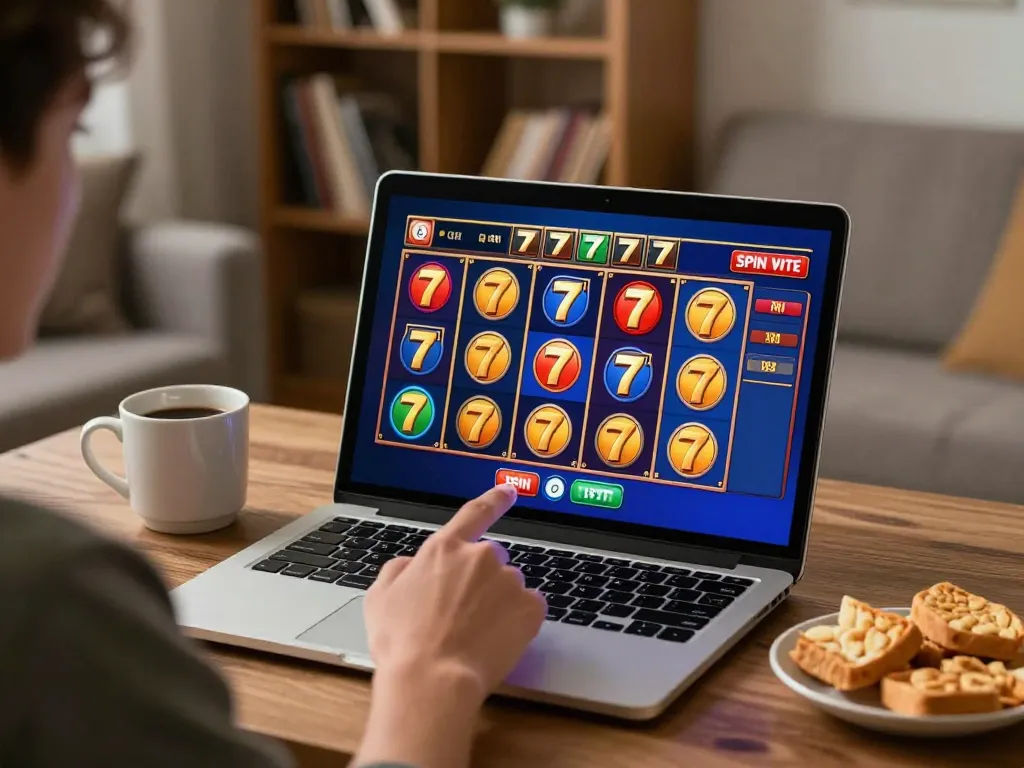 Excited player spinning the reels on slot777 game from home setup during online casino session.