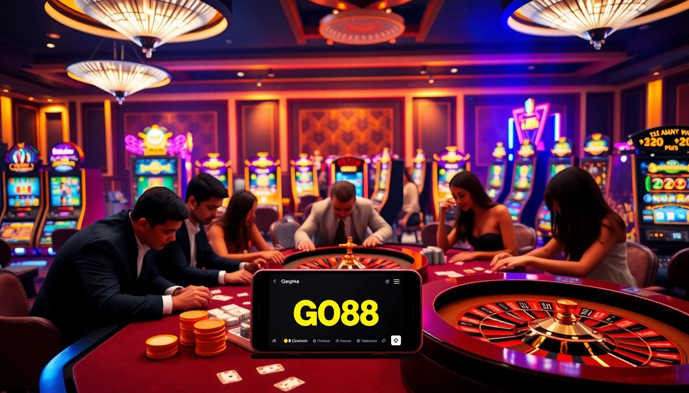 Experience thrilling gameplay at Go88's luxury casino environment featuring vibrant gaming elements.