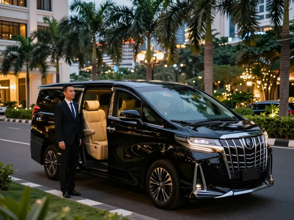 Chiếc cho thuê xe Toyota Alphard sang trọng đỗ tại khách sạn, thể hiện thiết kế thanh lịch và không gian rộng rãi bên trong.