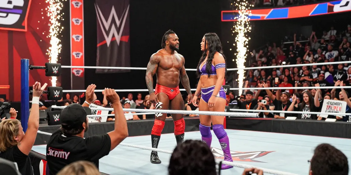 Xavier Woods and Paige interacting with fans at a live WWE wrestling event, vibrant attire, high-energy atmosphere.