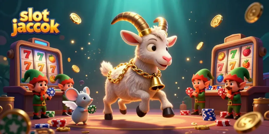Spin the slot jackpot in this festive casino scene featuring charming characters and exciting elements.