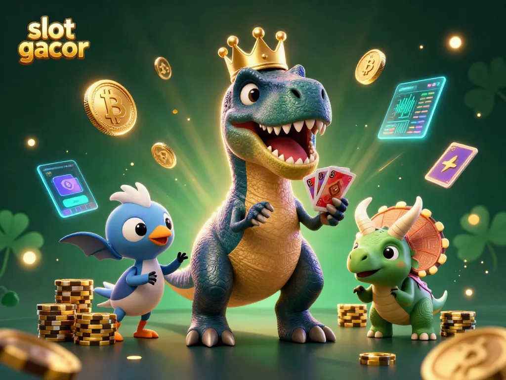 Engage in thrilling slot gacor gameplay with fun T-Rex and friends enjoying card games and golden chips.