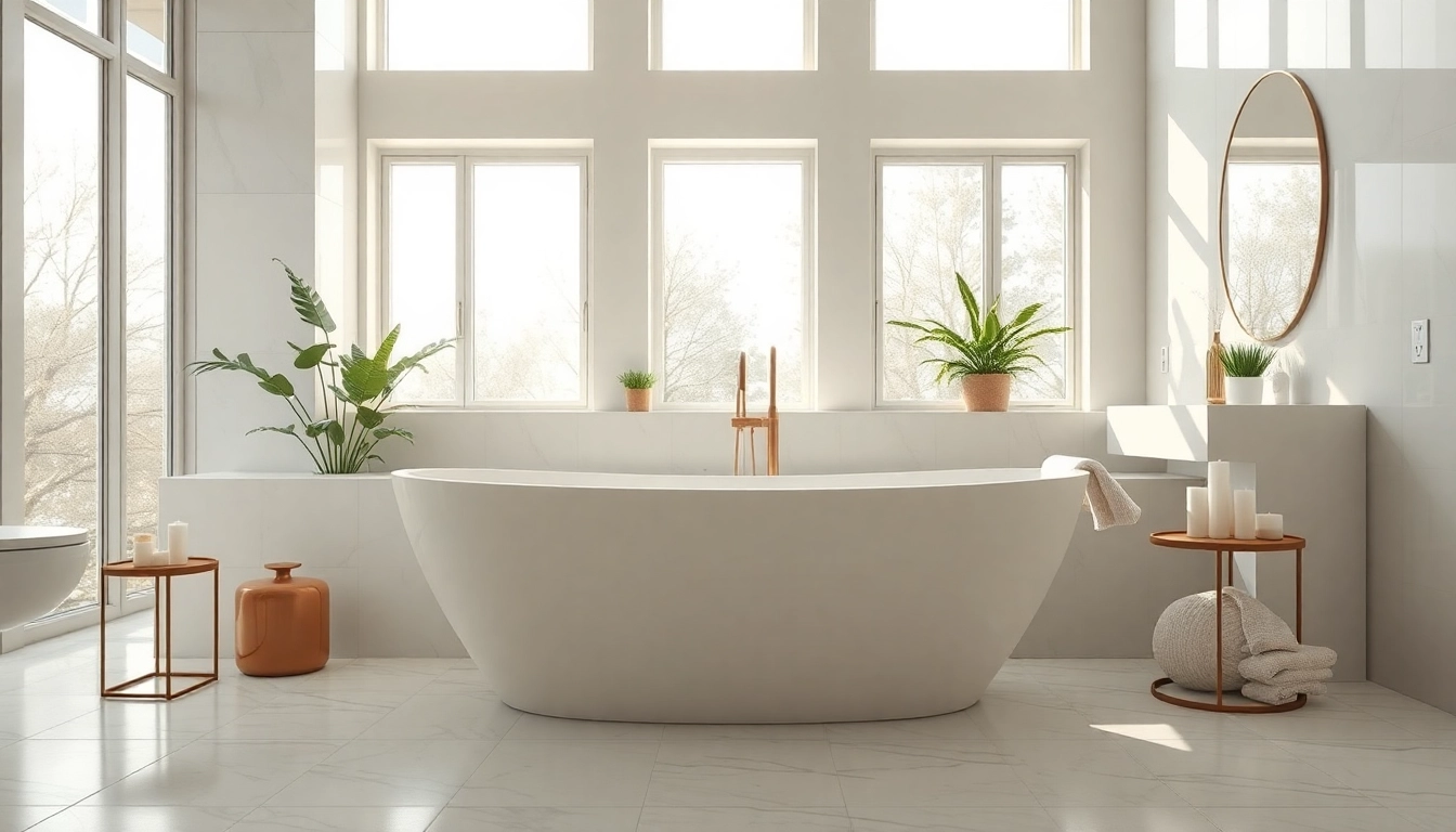 Discover elegant bathrooms with a luxurious freestanding bathtub and calming natural light.
