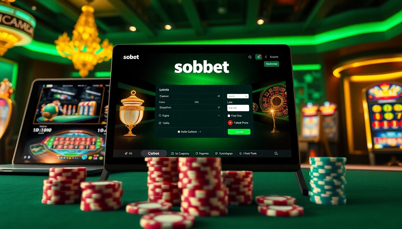 Engage with sbobet login at a luxurious online casino interface showcasing vibrant gaming elements.