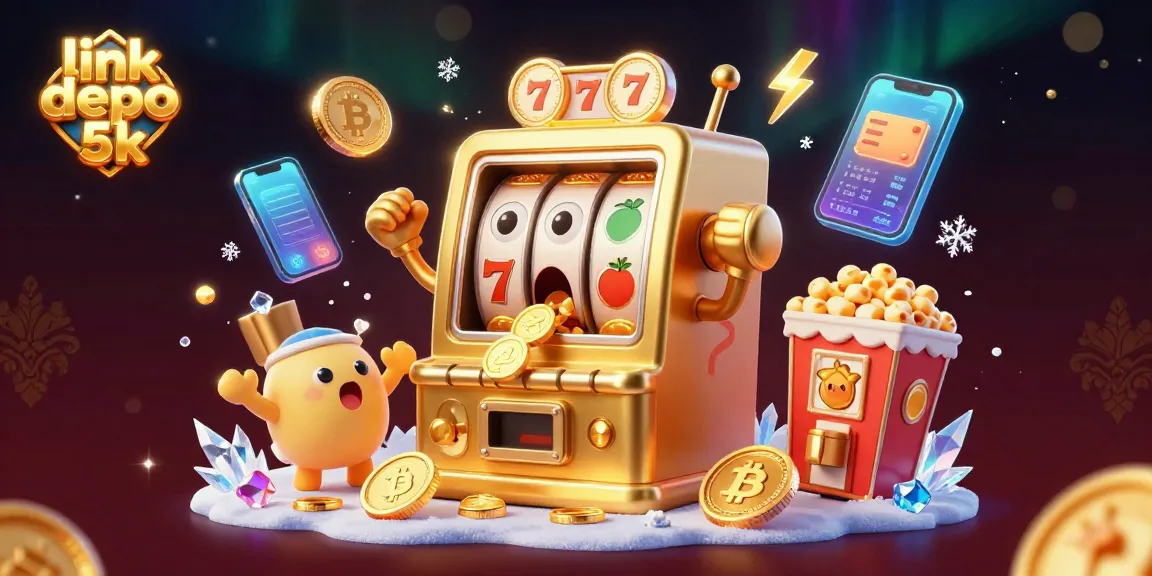 Spin and win at link depo 5k with a golden slot machine celebrating its jackpot.