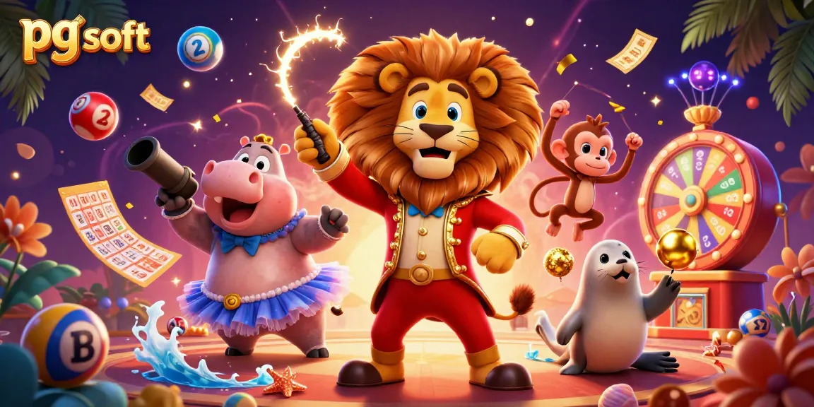 Experience excitement with pg soft's dynamic illustration of a circus-inspired casino scene.
