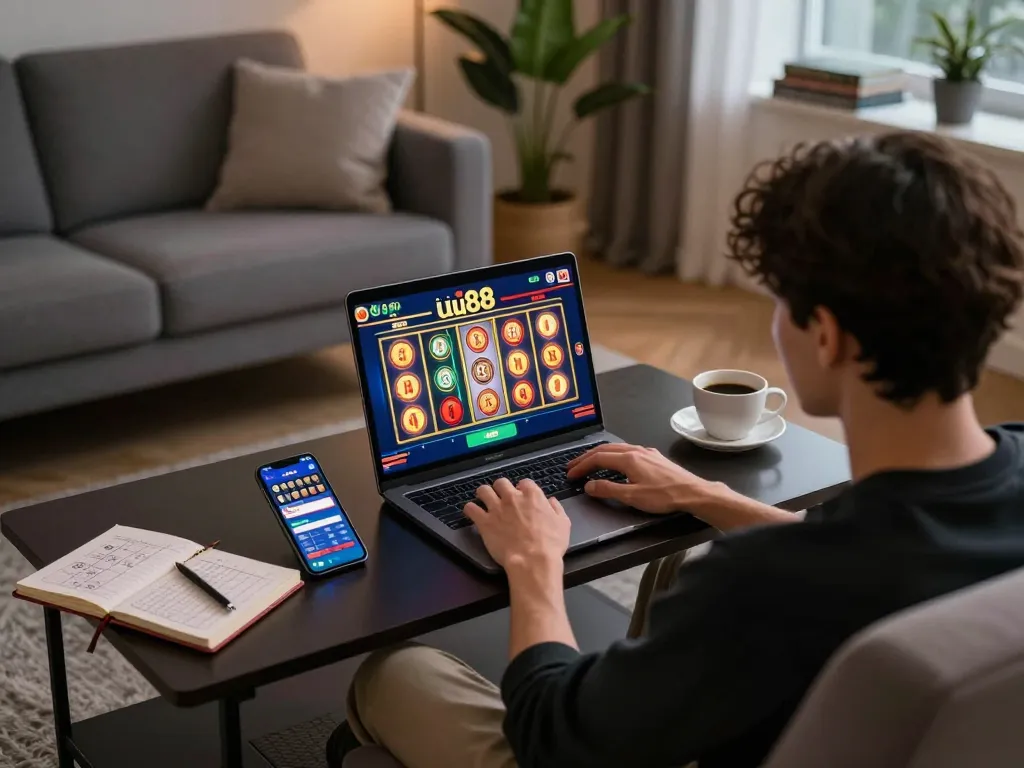 Engaging in uu88 online gaming at home with laptop showing slots, promoting responsible gambling