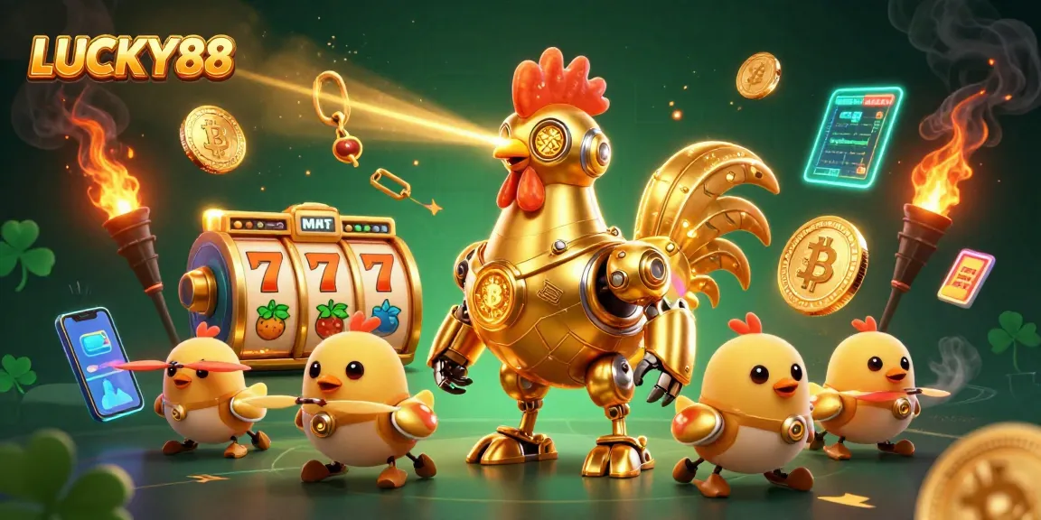 Engage with LUCKY88 slot excitement featuring a golden rooster robot and vibrant gaming elements.