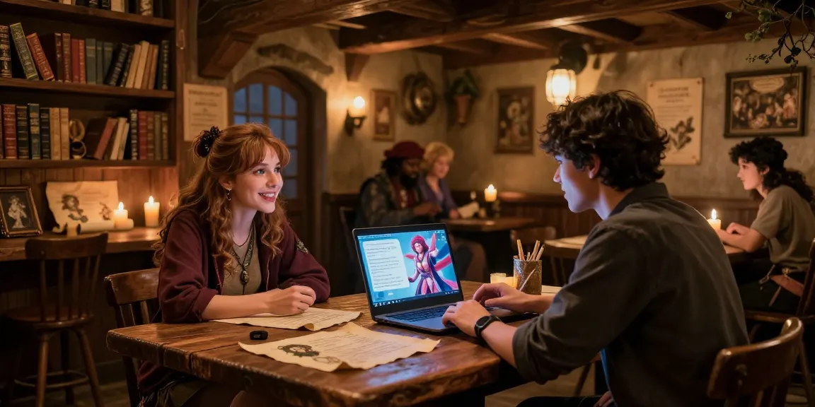 Tavern AI user engaging with AI characters in a cozy digital tavern setting, showcasing creative interaction.