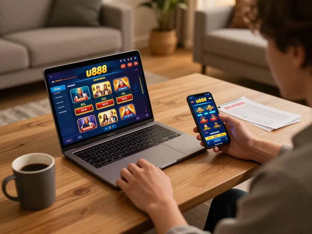 Engaging with the u888 online casino platform at home, showcasing a cozy gaming setup.