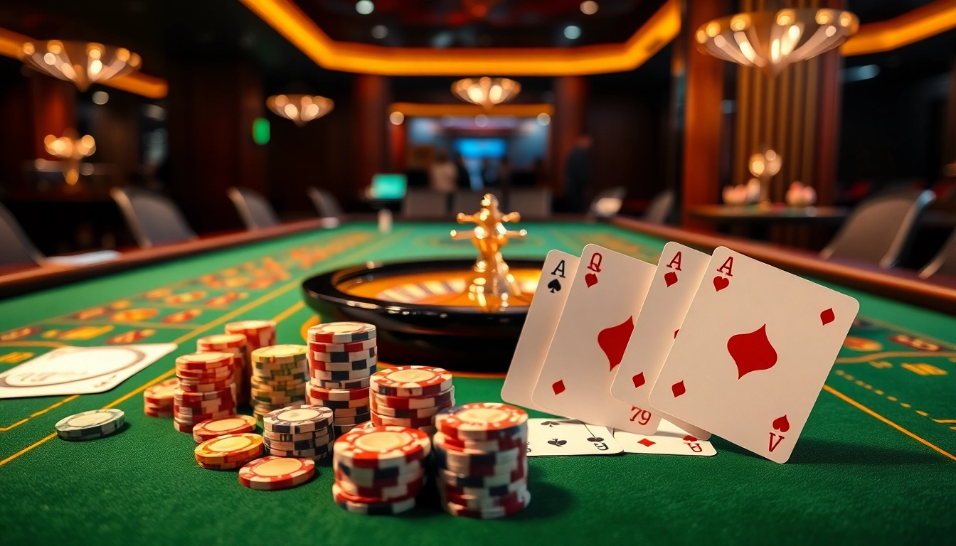 A dynamic scene of online casino gaming with ga6789 branding, showcasing poker chips and a roulette wheel.