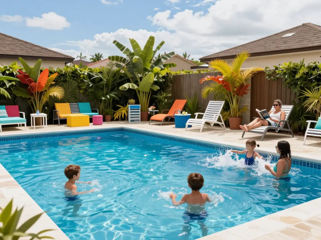 Dolphin Pool Services maintaining a family-friendly pool environment with kids playing and adults relaxing.