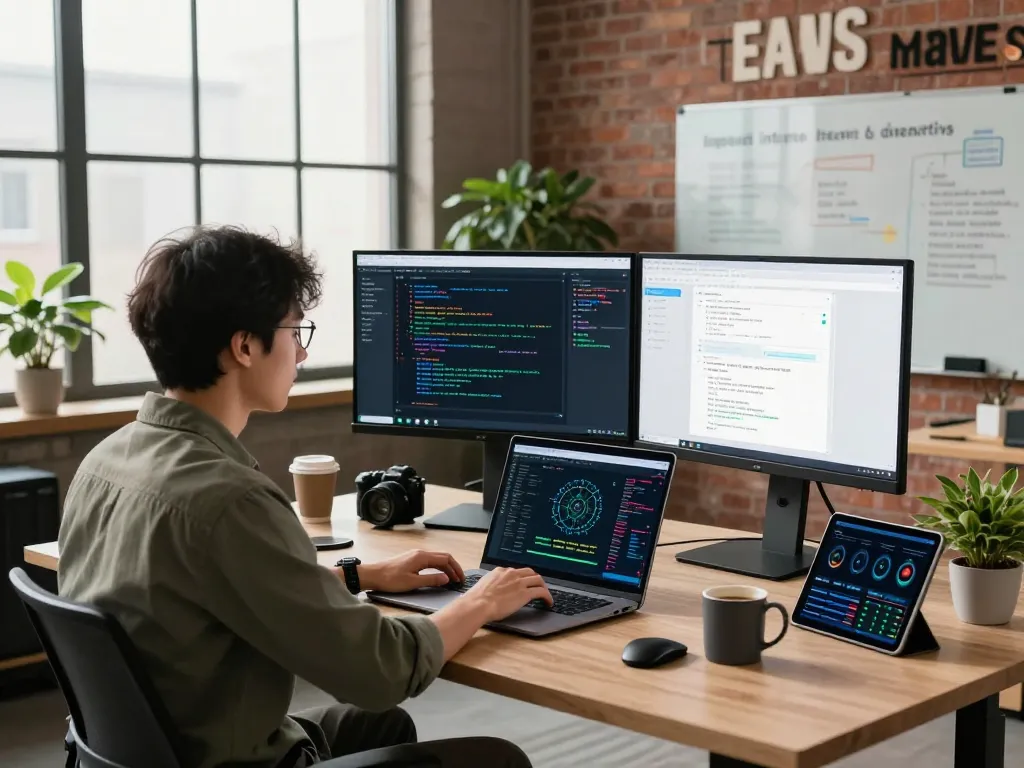 快连 developer working in a modern office with dual monitors displaying code, emphasizing network optimization and seamless connectivity.