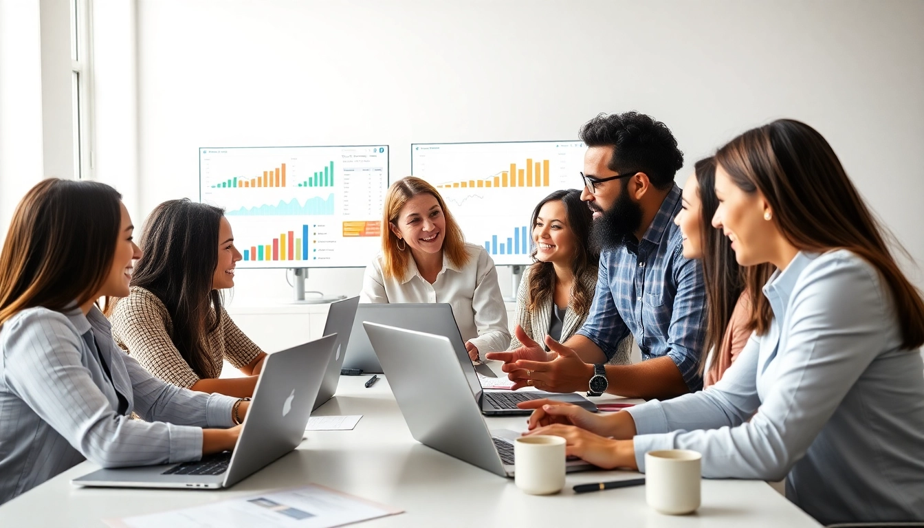 Analyze SEO performance data with a professional marketing team in a vibrant office environment.