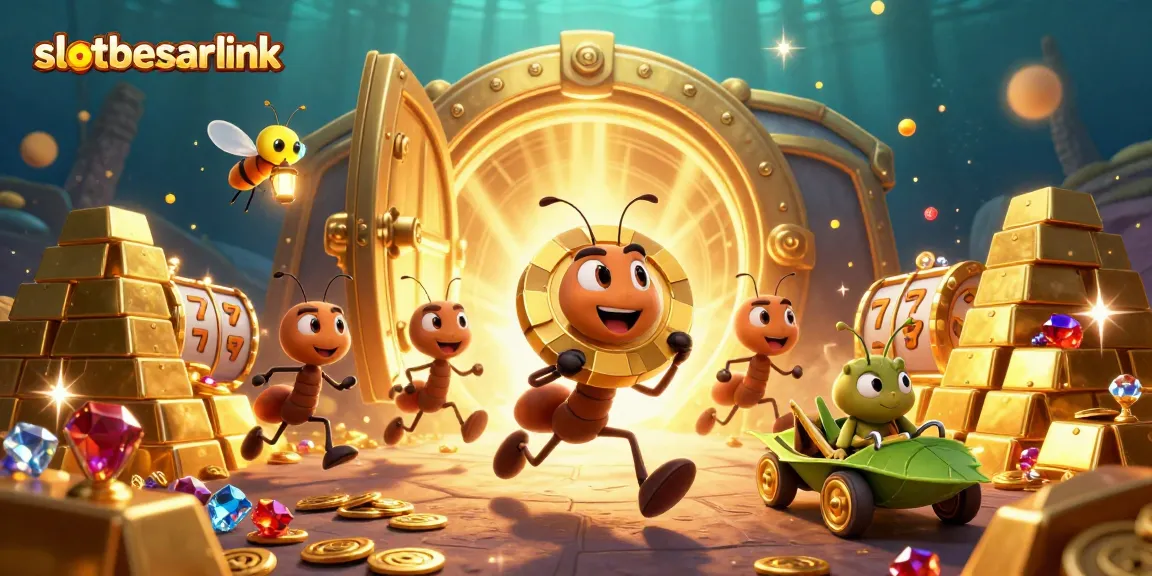 Engage with slotbesarlink as a team of cartoon ants executes a heist with a giant poker chip amidst treasure.