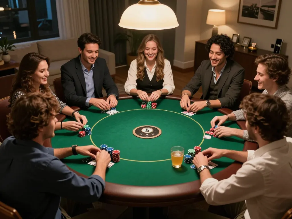 Engaged friends enjoying poker night, showcasing the finest aspects of a slot server thailand no 1 gathering.