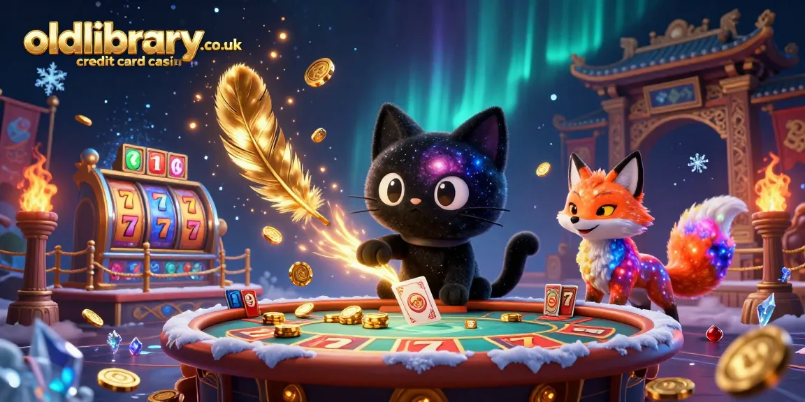 Engage with the vibrant world of oldlibrary.co.uk credit card casinos, featuring a cosmic scene with a cartoon cat and colorful fox amidst casino elements.