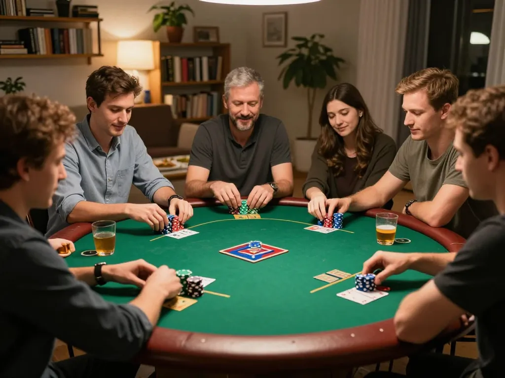 Engaging poker night scene highlighting free credit mega888 strategies in a friendly home environment.