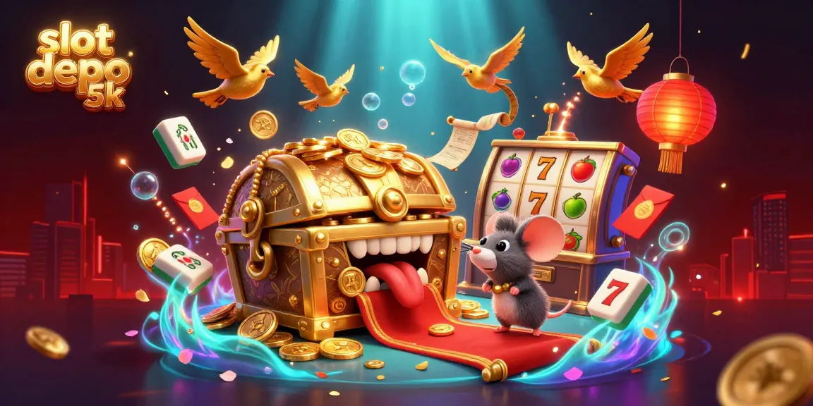 Spin and win at slot depo 5k within an ultra-detailed illustration of treasure and casino elements.