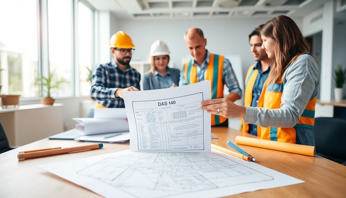 Diverse contractors discussing the DAS 140 form in a busy office.