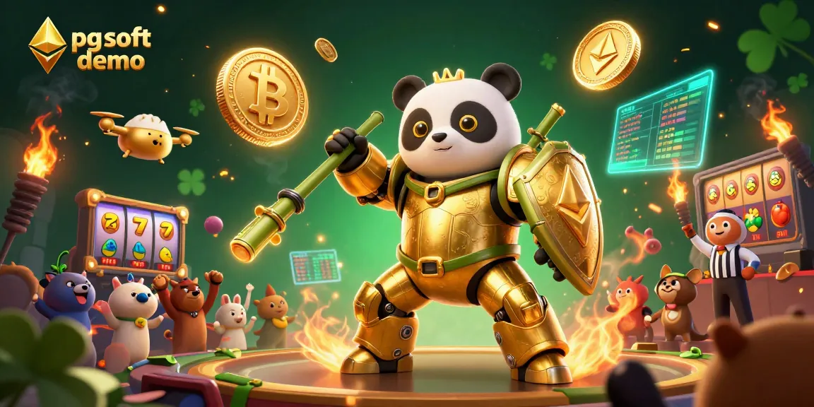 Experience dynamic gameplay in the pg soft demo with a golden panda piloting a bamboo-styled robot amidst crypto elements.