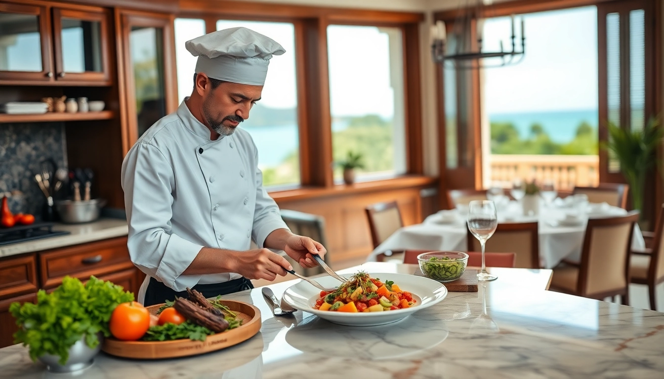 Chef creating a culinary masterpiece as St Martin Private Chef in a luxurious villa kitchen.